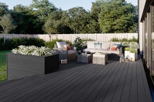 Outdoor lounge decking area with integrated planter using Trex Enhance Calm Water