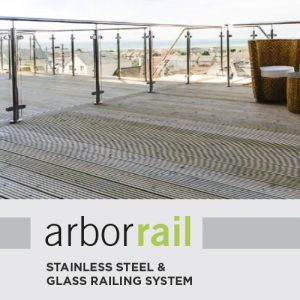 The ArborRail stainless steel & glass railing system on a wooden deck