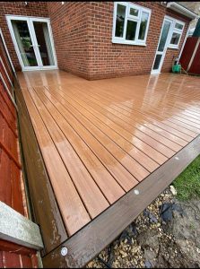 Corner of Trex deck in two shades of brown