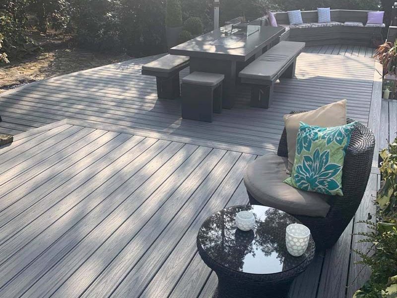 Large Trex decking area in a garden in Leicestershire