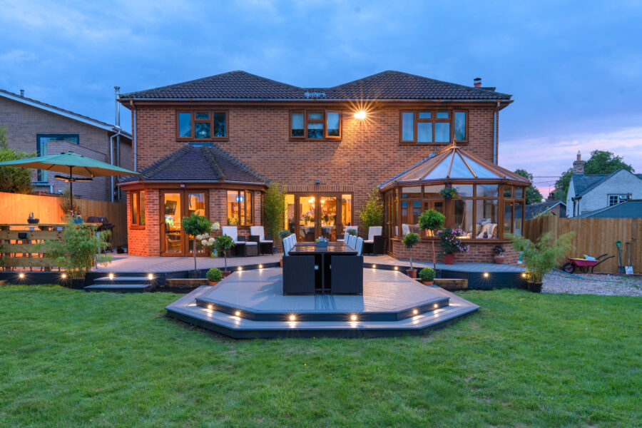 Garden Trex composite decking in the UK with decking lighting