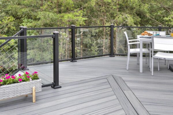 Trex composite decking with Trex signature glass railing in black
