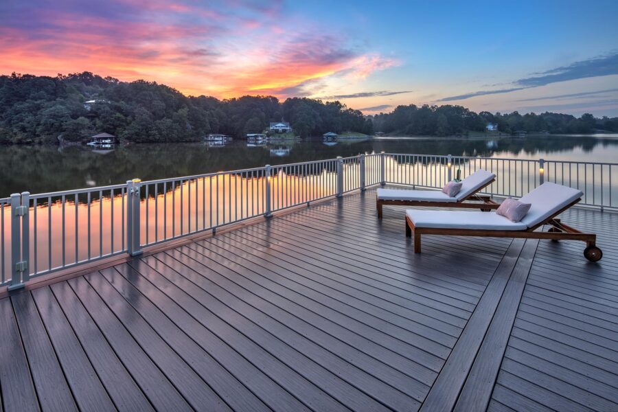 Trex Signature composite decking in Whidbey next to a lake at sunset