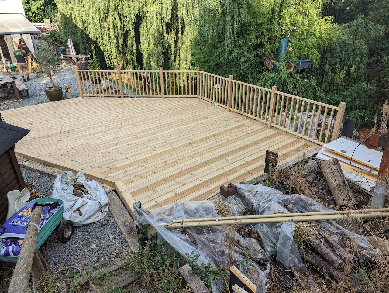 Smooth and grooved softwood deck boards, softwood handrails, spindles, softwood eased edged posts.